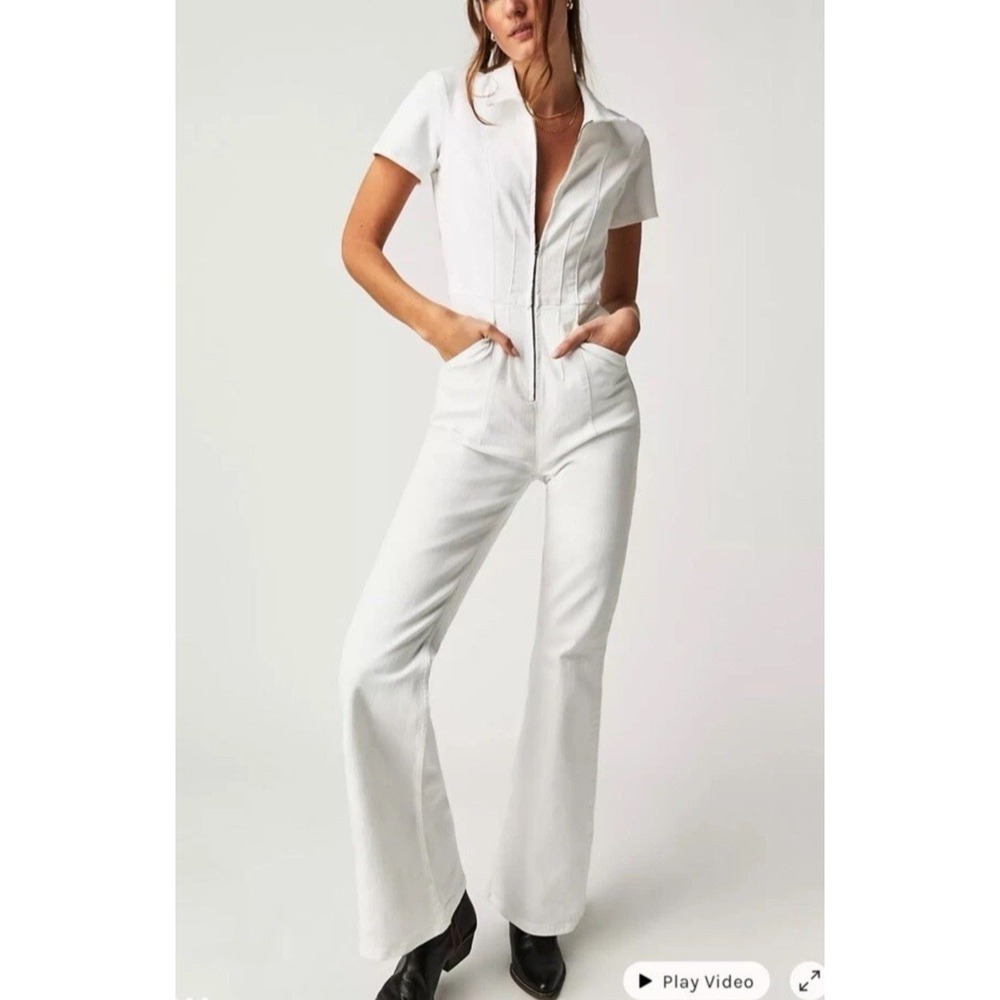 We The Free People Jayde Flare Fitted Zip Jumpsuit White Denim Boho Retro 70s